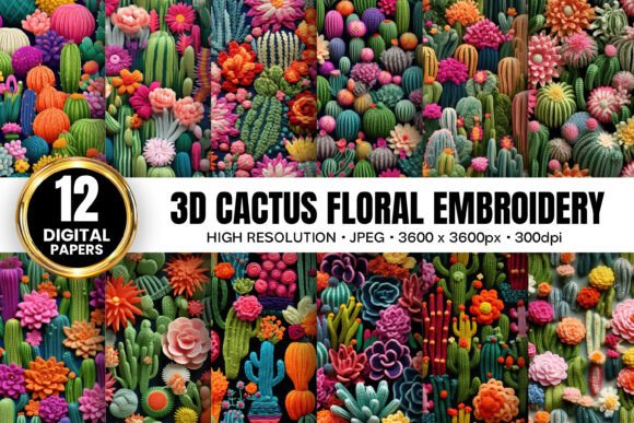 3D Cactus Floral Embroidery Patterns: Creative Digital Assets