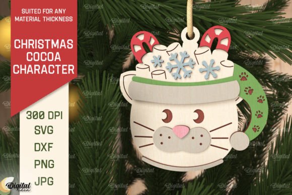 3D Christmas Cocoa Cat Laser Cut: Festive Design File