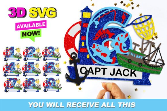 3D Fishing Party Numbers Topper SVG
