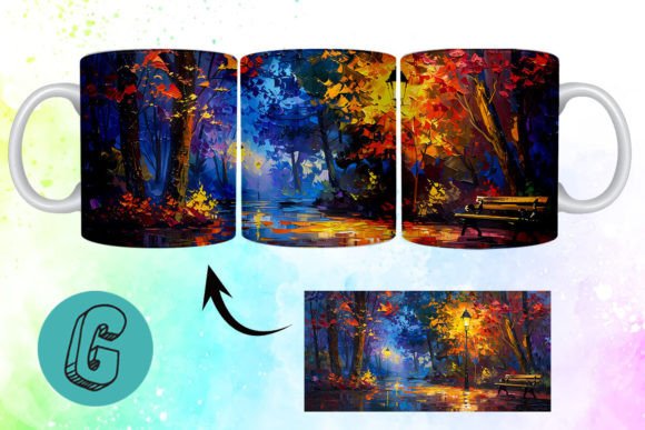 3D Oil Paint Fall Street Mug Wrap 09 for Creative Projects