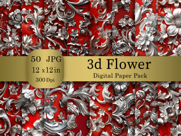 3D Silver Flower Digital Paper Bundle: Endless Design Potential